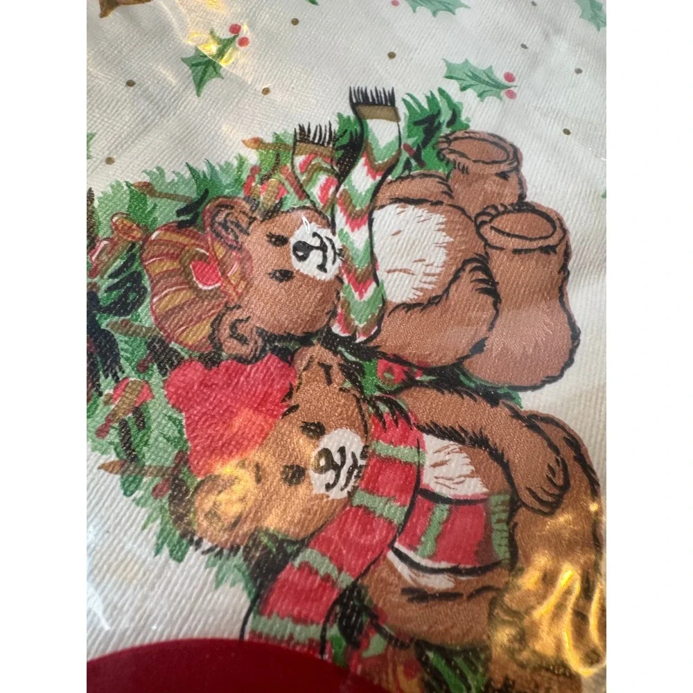 Vintage Christmas Bear Flannel‎ Backed Vinyl Tablecloth Round 60 inch